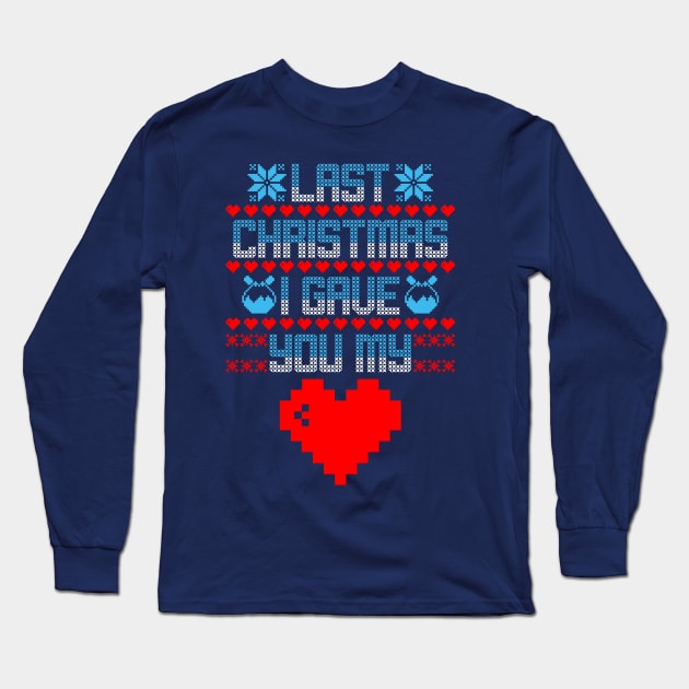 Funny 80's Heart Pixel Art Inspired Ugly Christmas Sweater Long Sleeve T-Shirt by BoggsNicolas